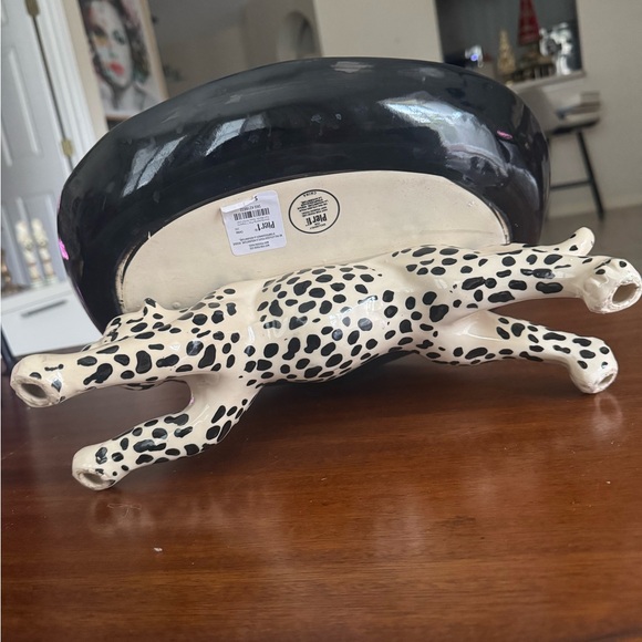 Pier 1 Spotted Cheetah Ceramic Serving Bowl Centerpiece Dish Black Cream Stand - Picture 11 of 11